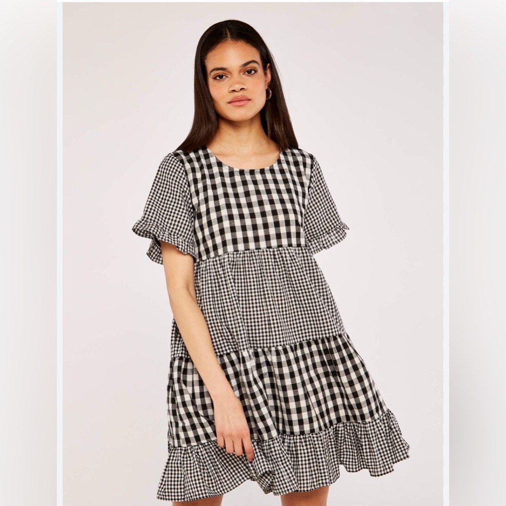 Apricot Gingham Tiered Dress Black & White Checkered Cottage Core Coquette 6